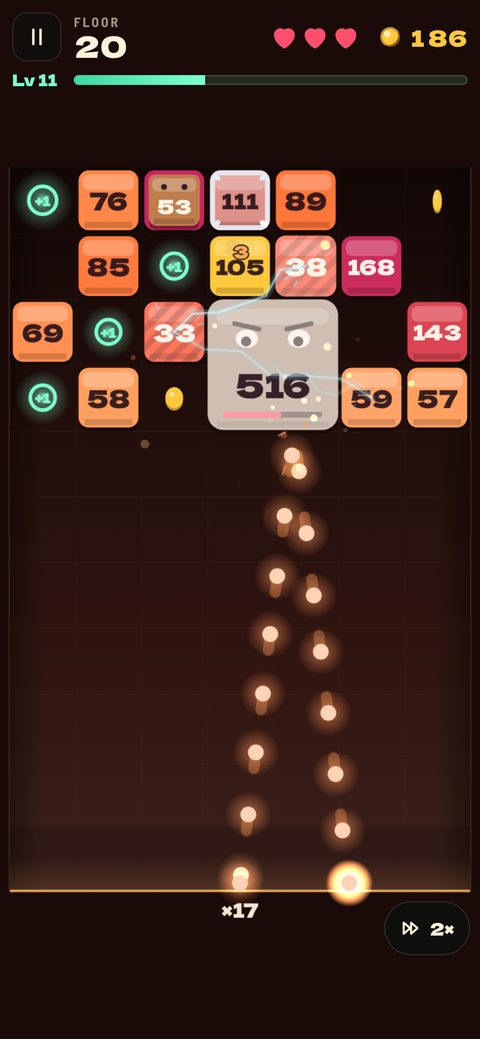 A boss brick on floor 20, hit by a stream of balls