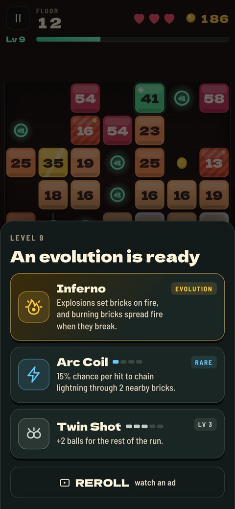 Choosing an upgrade after levelling up: Inferno, Arc Coil or Twin Shot